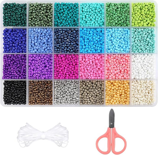 Miss Rabbit 13000pcs 3mm Glass Seed Beads 24 Colors Small Craft Beads Small Beads for DIY Bracelet Necklace Ring Craft Jewelry Making, with Scissor and Two Clear Bracelet String (540pcs per Color