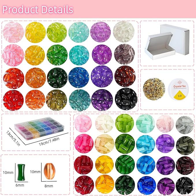 REVKI 1200pcs Glass Beads Bracelet Making Kit, 48 Colors Crystal Beads for Jewelry Making,Strange Shaped Glass Beads for Bracelets and DIY Crafts(Oval and Bamboo)