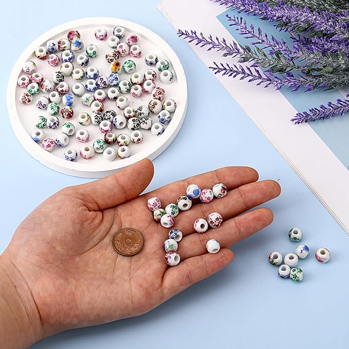 Ceramic Beads, 100 Pcs Round Porcelain Beads 8 mm Multicolor Flower Printed Spacer Beads Handmade Porcelain Craft Beading Kit for Jewelry Making Supplies DIY Crafts Bracelets Necklace