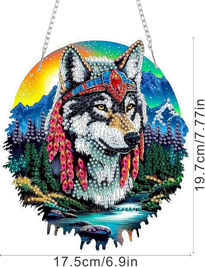 SENQAO Wolf Diamond Art Hanging Kit for Adult Mountain Landscape, 5D Special Shape Diamond Art Kits, Wolf Crystal Rhinestones Diamond Gem Art Painting for Home Garden Wall Decor
