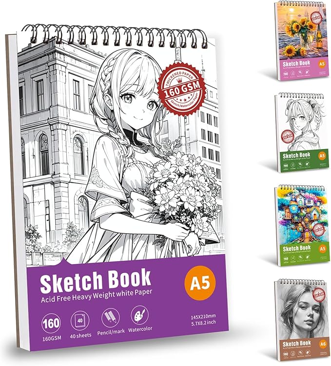 Thickened Mixed Media Sketchbook - Three Different Sizes, Drawing Paper Pad-108lb/160gsm, (Anime X, A5 (Travel Size) 5.7X8.2 inch)