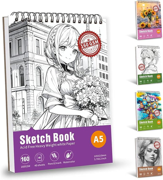 Thickened Mixed Media Sketchbook - Three Different Sizes, Drawing Paper Pad-108lb/160gsm, (Anime X, A5 (Travel Size) 5.7X8.2 inch)