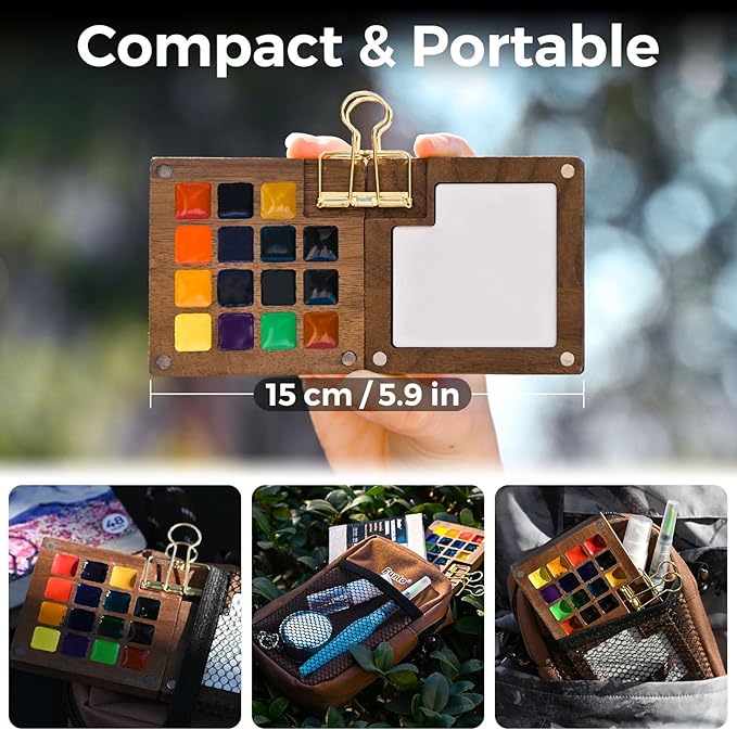 Funto Mini Watercolor Paint Set, All-in-One Walnut Wood 15-Color Premium Pocket Travel Paint Kit, with Crossbody Bag,Watercolor Journal, Metal Clip, Paint Water Cup, Water Brush Ideal for Art Lovers