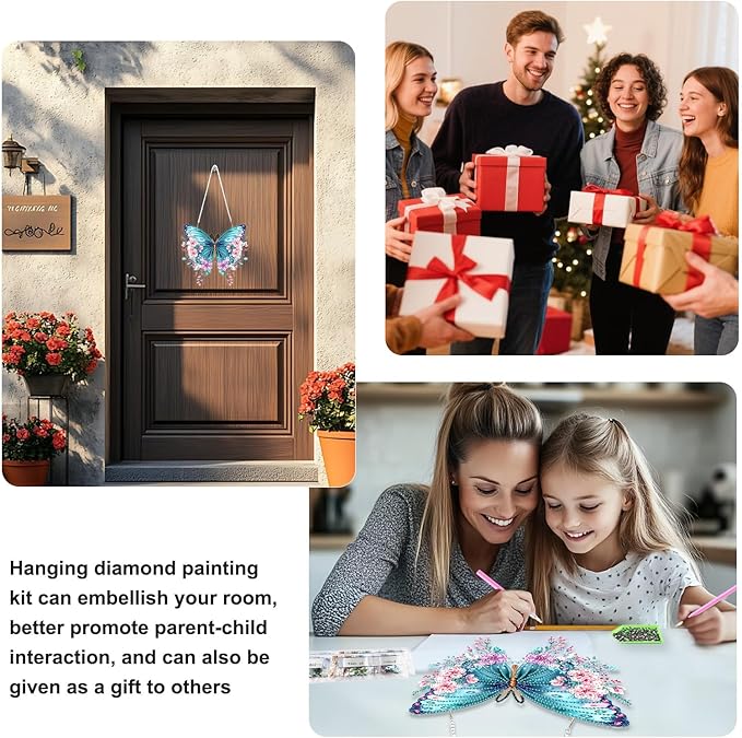 TOSTOG Diamond Art Hanging Kits for Adults, 5D Flowers Diamond Painting for Adults Window Pendant, Special Shape Diamonds DIY Lovely Butterfly Diamond Painting Hanging Pendant Kit for Wall Decor Gift