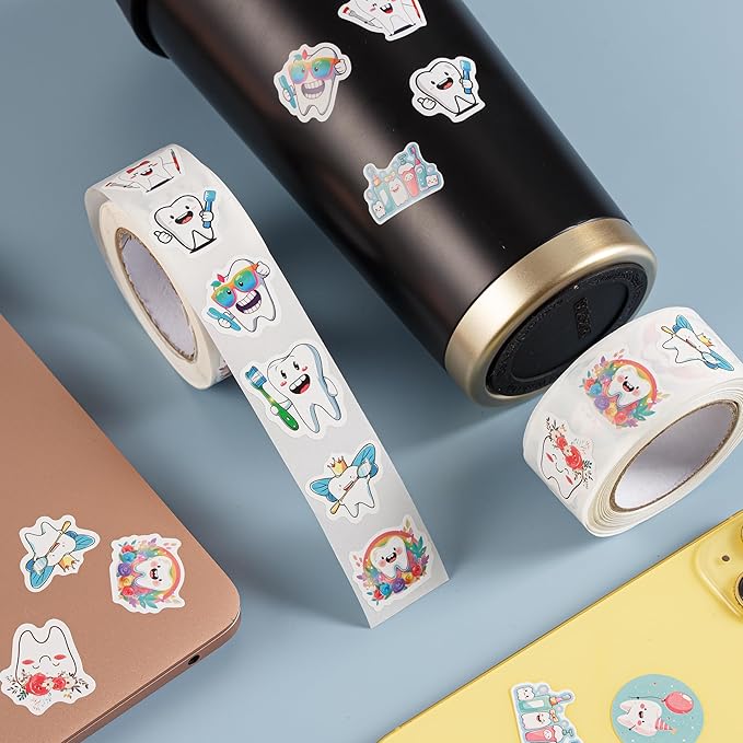 1000pcs tooth stickers roll, 2 rolls 10 styles cartoon teeth fairy sticker, dental reward stickers for dentist, classroom, scrapbooking, party favors, diy crafts
