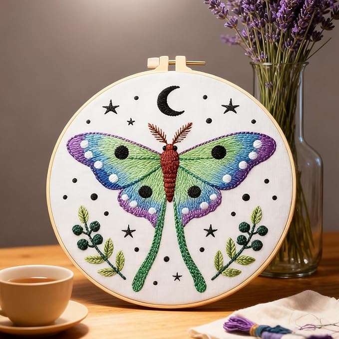 BEUNITONE 6 Set Butterfly Embroidery Kit for Adults Beginners, DIY Needlepoint Craft Kits with Instructions and Hoops, Complete Starter Set for Adults, Funny Hand Embroidery for Fabric and Home Decor