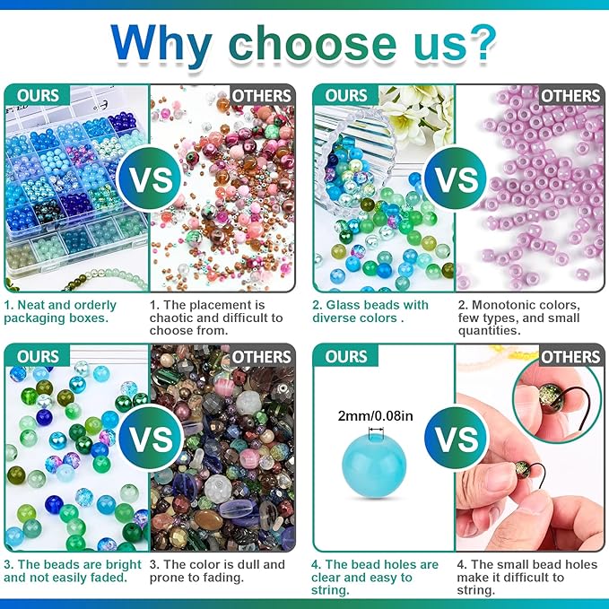 XSEINO About 1200PCS 8mm Glass Beads Bracelet Making Kit,48 Assorted Dreamy Blue Ocean and Green Series Colorful Crystal Beads for Making and DIY Crafts