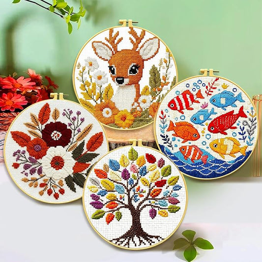 Zhenqing 4-Piece Nature Themed Cross Stitch Kit - Deer, Tree, Fish & Flower Designs with Pre-Printed 11CT Fabric, Hoop & Tools for Beginners (69180)