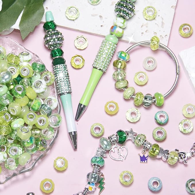 150Pcs Large Hole Beads Spacer Beads Light Green Assorted European Craft Big Beads Large Hole Lampwork Murano Bead Fairy Wand Garden Bead for DIY Bracelet Necklace Jewelry Making Decoration Supplies