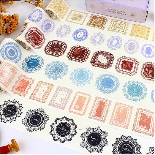 Vintage Pre-Cut Lace Border Circle Stickers Tape for Journaling, 6 Rolls White Kraft Paper Decorative Tapes Set, Frame Labels for Scrapbooking, Junk Journal Supplies, Collage, Card Making