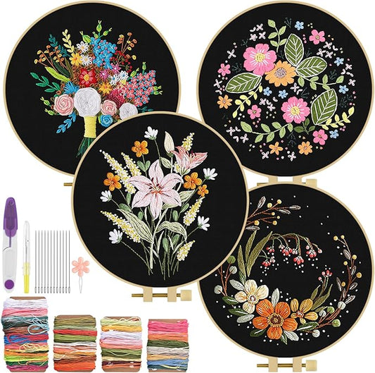 ERKOON 4 Sets Embroidery Kit, Floral Cross Stitch Set for Include Embroidery Cloth Hoops Threads for Craft Lover Hand Stitch(Floral)