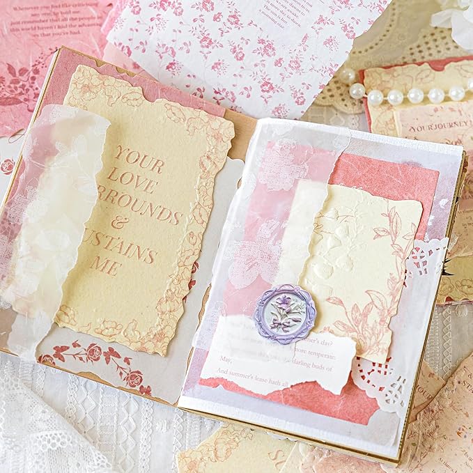 120PCS Vintage Scrapbook Paper Textured Journaling Scrapbooking Supplies Kit Retro Decorative Craft Paper Assorted for Bullet Junk Journals Card Making Craft DIY, Flower Branch Language Series