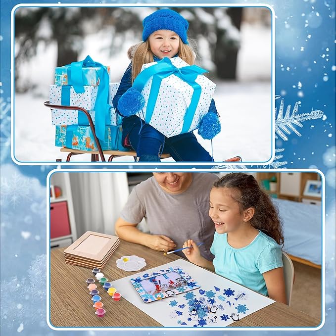 Fovths 12 Packs Winter Picture Frame Painting Craft Kit Frozen Wooden DIY Photo Frame for 4 x 6 inch Photo with 100 Snowflake Stickers Rhinestone Stickers 4 Brushes Set for DIY Paint and Decorate
