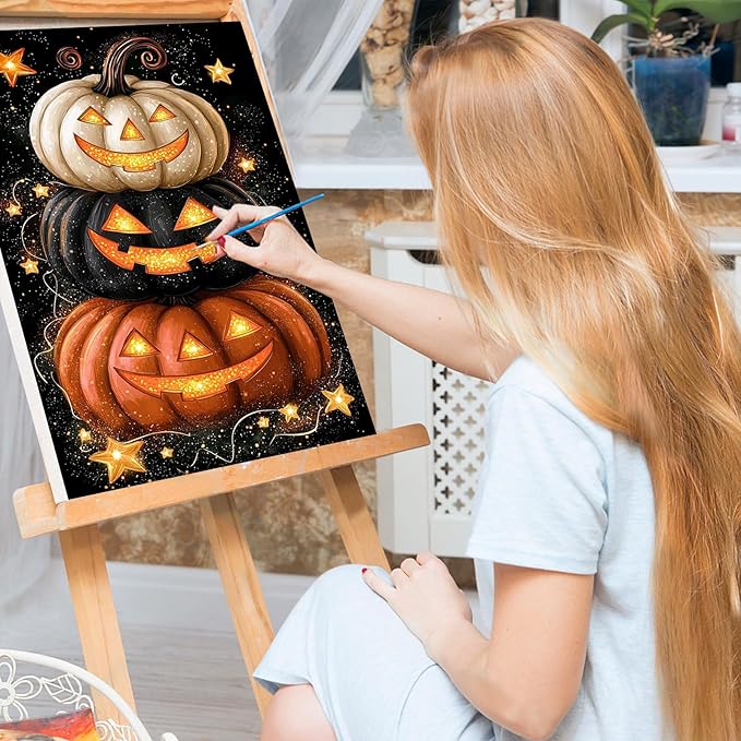 Bowetile Halloween Framed Paint by Numbers for Adults, Adults' Paint-by-Number Pumpkin Kits on Canvas, Easy Acrylic Number Painting Crafts Kits Halloween Gifts for Home Decor, 8x12in