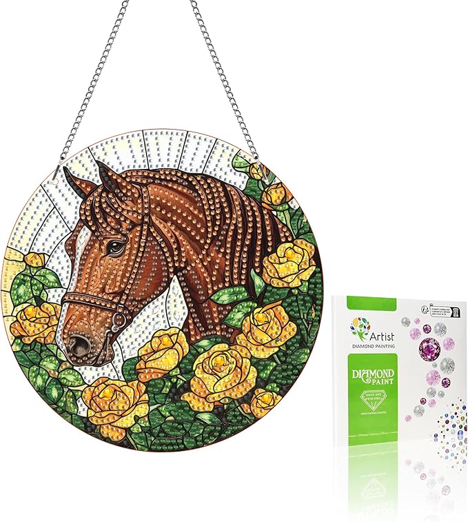 VAIIEYO Horse Diamond Art Hanging Ornament, Animal Diamond Painting Suncatchers Window Hanging Kit with Chain, 7.5x7.5 inch Crystal Pendant Art Craft for Gift Home Wall Front Door Decoration