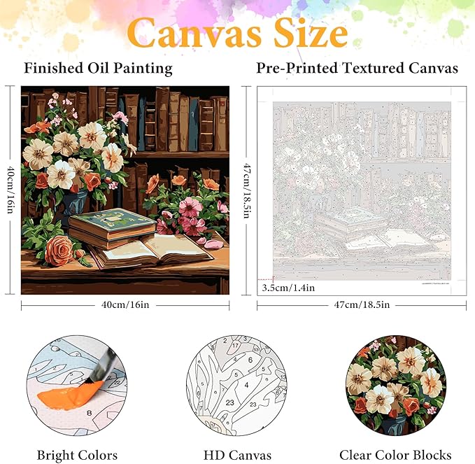 Paint by Numbers Kit for Adults Beginner Book, Adult Paint by Number Kits on Canvas, Bookshelf DIY Acrylic Oil Painting by Numbers for Adults, Flower for Home Wall Decor 16X16 Inch