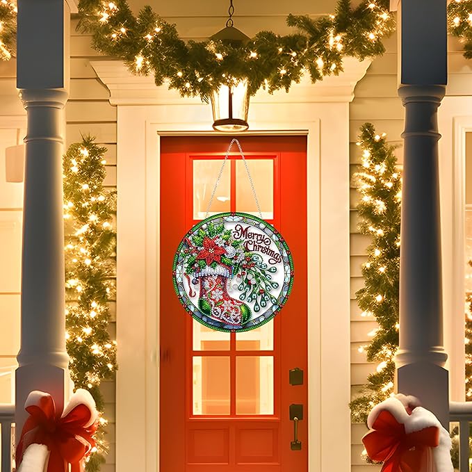 Diamond Art Hanging Kit for Adult,Special Shaped Rhinestone,DIY Acrylic Diamond Art Painting Window Pendants Home Garden Wall Hanging Kits Hanging Ornament,Double Sided. (Christmas Socks-1)