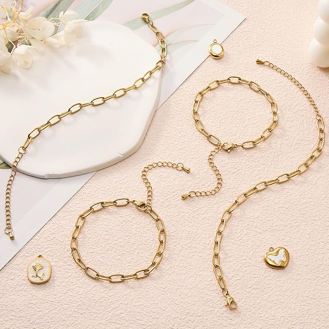 KYUNHOO 10pcs 6.7 Inches Gold Plated Paperclip Chain for Bracelet Making Stainless Steel Jewelry Supplies for Bracelet DIY with Lobster Clasps and Chain Extension