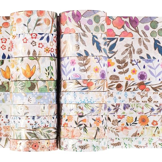 YUBX 18 Rolls Floral Gold Washi Tape Set VSCO Foil Masking Decorative for Arts, DIY Crafts, Journal Supplies, Planners, Scrapbook, Card/Gift Wrapping 8/15mm Wide (Flowers)