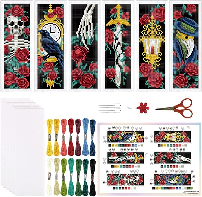 ORIGACH 6 Pcs Cross Stitch Bookmark Kit for Beginner Adults, Gothic Patterns Stamped Embroidery Bookmark Kit with Instruction for Starters for Book Lovers