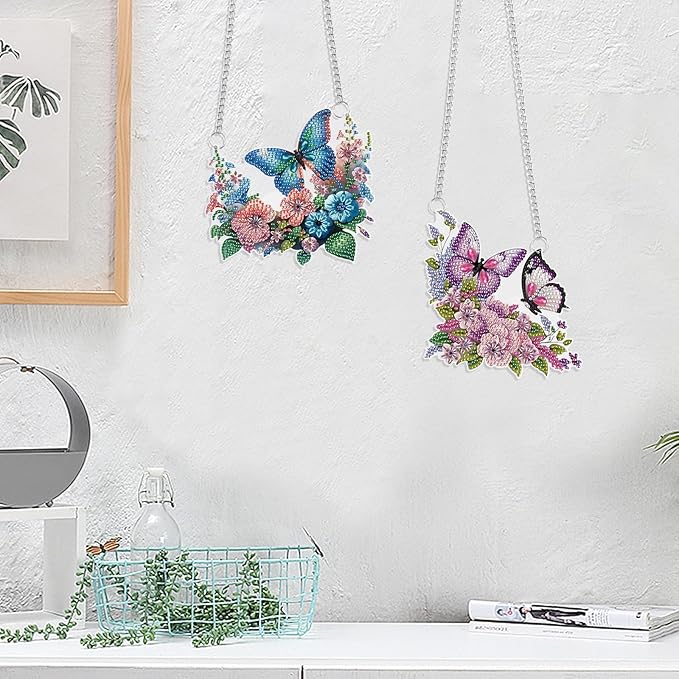 2 Pcs 5D DIY Diamond Painting Butterfly Hanging Ornaments, Acrylic Floral Diamond Art Suncatchers, Special Shape Diamond Art Hanging Kits for Window or Wall Decor