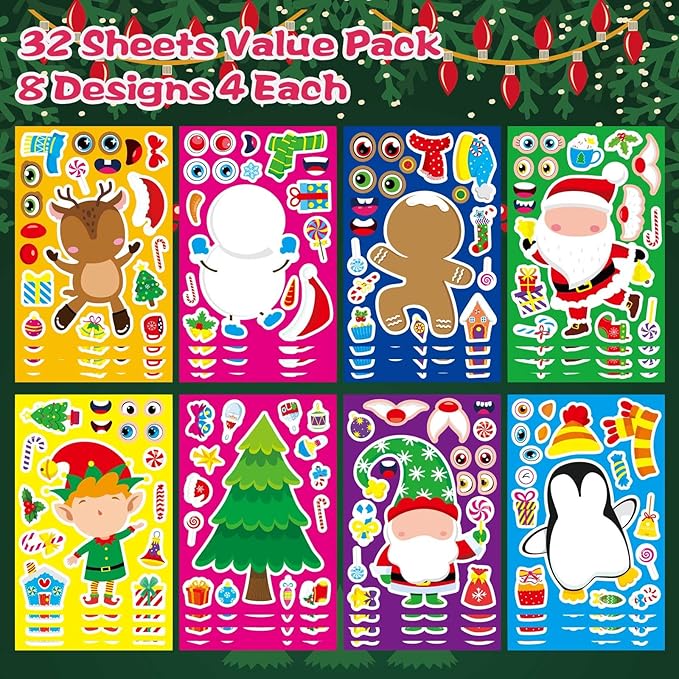 32 sheets christmas stickers for kids, make your own characters mix and match sticker, make a face stickers winter holiday gift, xmas party games sticker christmas party favor