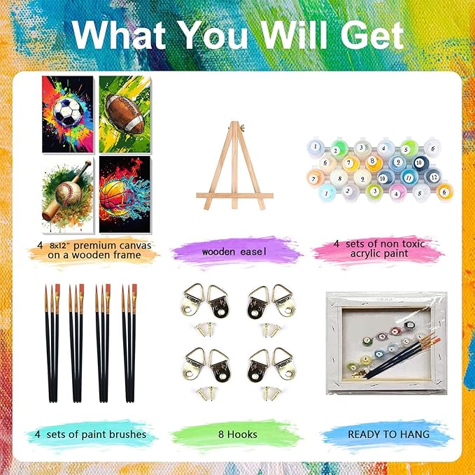 4 Pack Paint by Numbers for Beginners with Framed Canvas - with Wooden Easel, Ball Sports Paint by Number, Easy Cartoon Acrylic Oil Painting Kits on Canvas with Brushes for Home Wall Decor (8x12 inch)