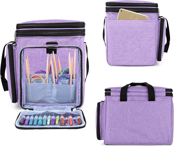 LUXJA Knitting Bag, Yarn Bag with Cover and Shoulder Strap, Yarn Tote Bag for Carrying Projects, Knitting Needles (up to 14”), Circular Needles, Crochet Hooks and Other Accessories, Lavender