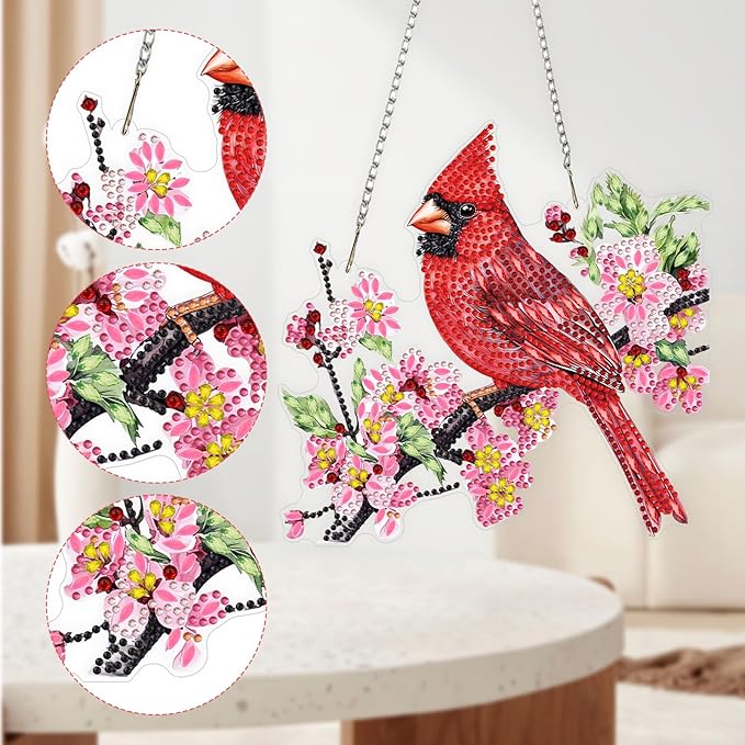 QENSPE Red Finches Diamond Art Hanging Kits for Adults, 5D Special Shape Diamond Paingting Ornaments with Chain, DIY Pink Flowers Crystal Window Pendants for Home Wall Decor Double Sided 8X8 inch