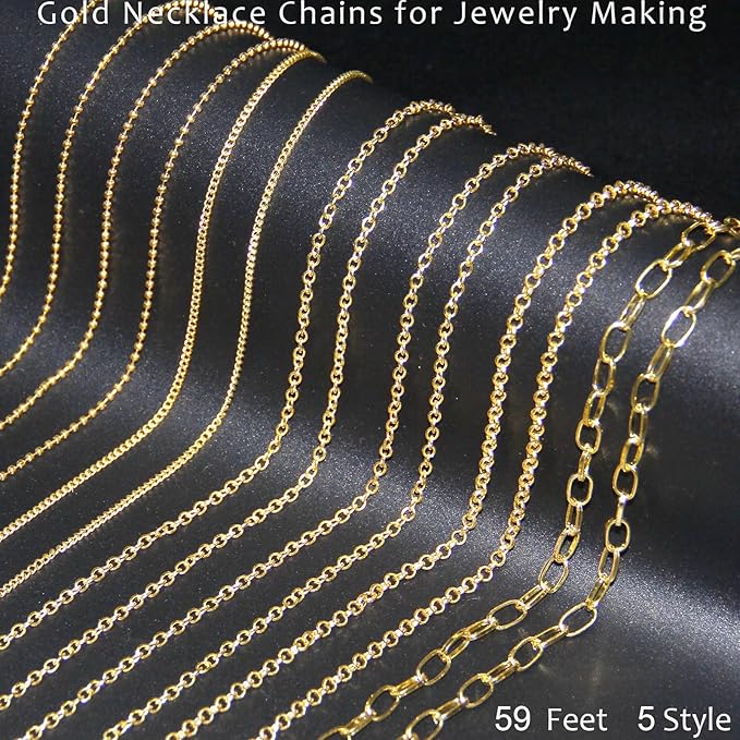 Gold Necklace Chains for Jewelry Making, 59 Feet 5 Style Necklace Jewelry Chains for DIY Necklaces Bracelets Anklet Craft Making Supplies with Jump Rings Lobster Clasp Connectors Soft Tape Measure
