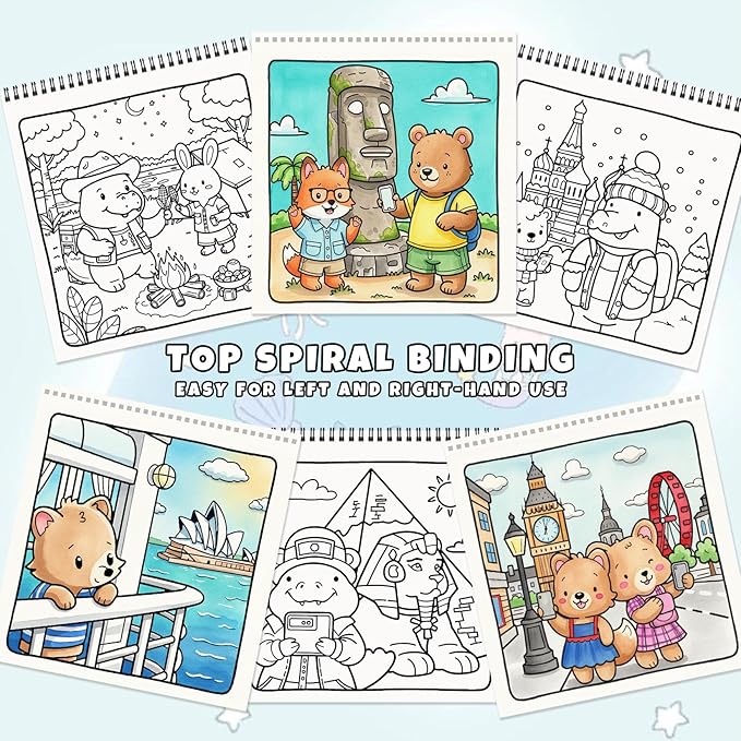 Cozy Coloring Book for Adults and Kids – Featuring Fuzzy’s Cute Animal Travel Adventures for Adult Stress Relief, Bold and Easy, Simple Designs for Teen Relaxation, Spiral Bound Design