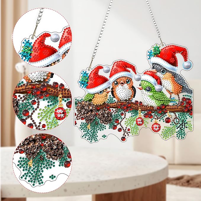 QENSPE DIY Hanging Diamond Painting Pendant Kit Berries,Christmas Birds Diamond Art Ornament Kit Acrylic Board for Window,Easy Crystal Pendant Gem Art for Home Garden Wall Decor,20x20cm
