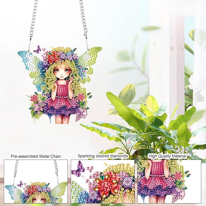 AiYuanzsh Butterfly Fairy Diamond Art Hanging Kit, DIY 5D Special Shaped Rhinestones Acrylic Pendant, Fantasy Diamond Painting Ornament for Wall, Door or Garden Decoration, Handmade Craft Gift