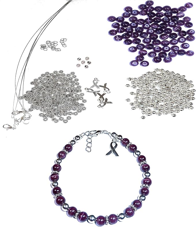 Hidden Hollow Beads DIY Craft Beading Kit, Everything to Make Cancer Awareness Bracelets, Uses Wire, Crimps and Clasps, Fundraising and Gifts (Pancreatic Cancer - Dark Purple - Makes 5)