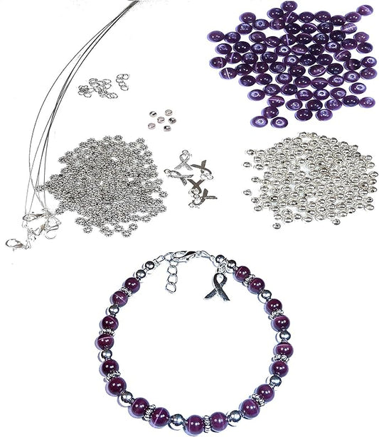 Hidden Hollow Beads DIY Craft Beading Kit, Everything to Make Cancer Awareness Bracelets, Uses Wire, Crimps and Clasps, Fundraising and Gifts (Pancreatic Cancer - Dark Purple - Makes 5)