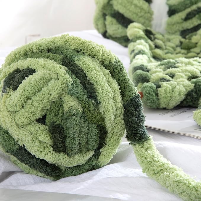 HOMBYS Chunky Tie Dye Mix Chenille Yarn for Hand Knitting, Super Bulky Jumbo Yarn for Crocheting, 3/4" Thick Soft Plush Yarn for Blankets, 8 Skein Pack (26 yds / 7.5 oz Each) Dark Green Sage