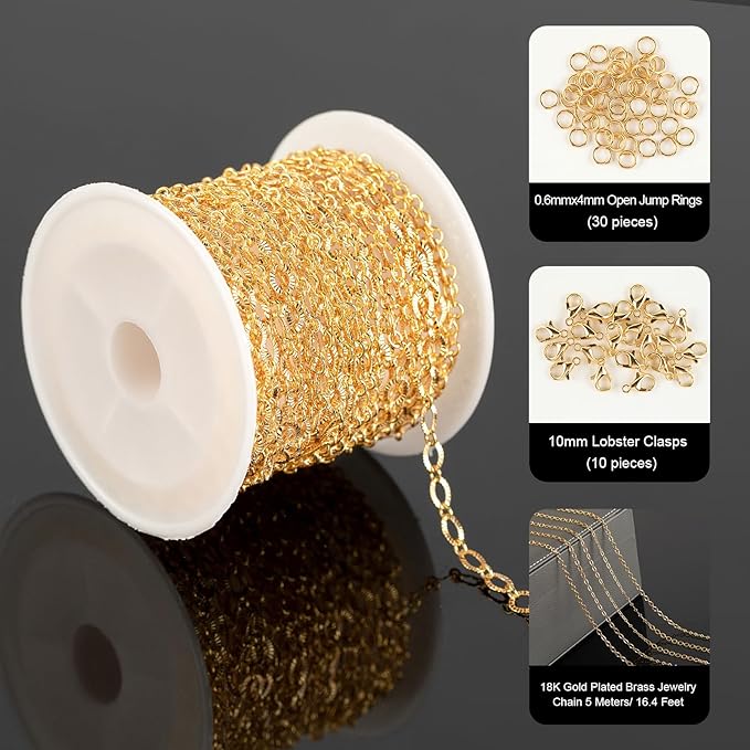 5 Meters 18K Gold Plated Chain for Jewelry Making, Shiny Light Gold Embossed Oval Cable Link Chain Spool Women Necklace Bracelet DIY Jewelry Findings