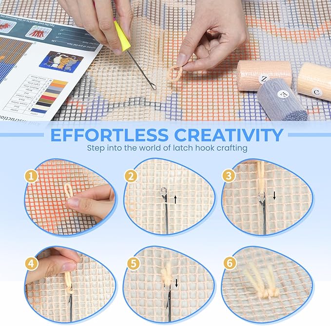 EsLuker.ly Latch Hook Rug Kit DIY Crochet Carpet for Beginners, Cats Patterns Pre-Printed Canvas Yarn Rug Hooking Kits, Creative Craft Home Decor Ideal for Learning Rug Making, Blue