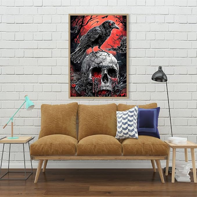 Mrnsiet Helloween Crow Diamond Painting Kits for Adults, 5D Skull with Blood Horror Diamond Art Kits for Beginners, DIY Full Drill Diamond Kits Gem Arts Crafts for Home Wall Decor 12 x 16 Inch