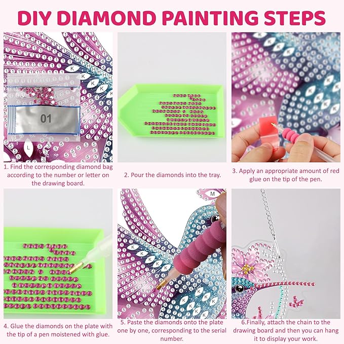 MEIYUDA Flowers Birds Diamond Art Hanging Kits for Adult, Hummingbird Diamond Painting Hanging Kits Ornaments, DIY Special Shaped Rhinestone Window Pendants kit for Home Garden Wall Decor Gift