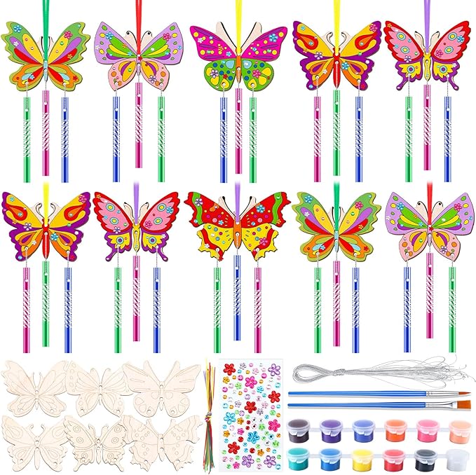 JellyArch 30 Pack Spring Butterfly Wind Chime Making Kit for Adults Make Your Own Wind Chime Butterfly DIY Wooden Crafts Ornaments for Activity Birthday Spring Summer Decoration