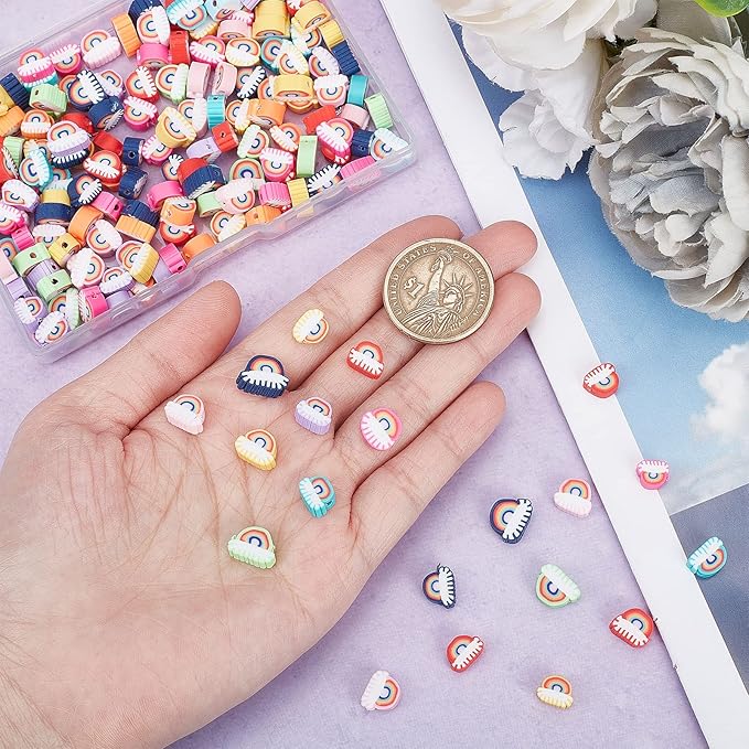 SUNNYCLUE 1 Box 200Pcs Rainbow Beads Handmade Polymer Clay Bead Rainbow Shaped Focal Colorful Flat Back Beaded Loose Spacer for Jewelry Making Kit Beading Bracelet Necklace Supplies