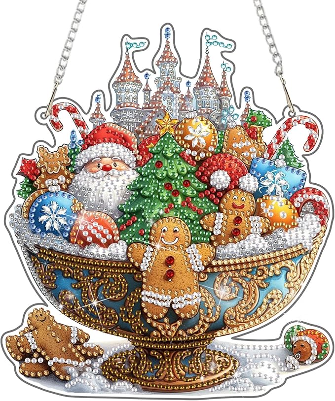 DOMROM Santa and Castle Diamond Art Hanging Kits for Adults Beginner, Christmas Special Shaped Crystal Diamond Painting Santa Pendant, DIY Diamond Art Suncatchers for Home Garden Wall Decor Gift