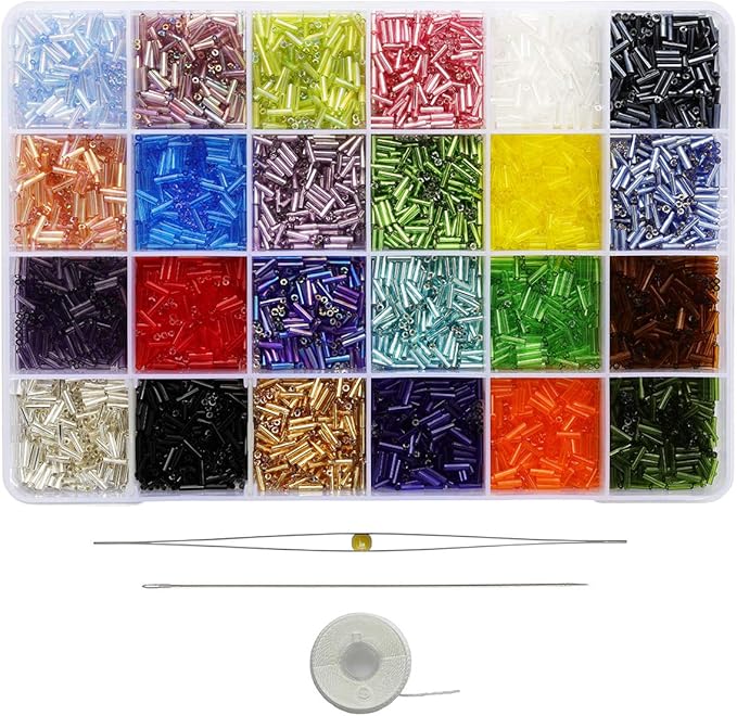 Size 6mm Glass Bugle Beads with Beading Needles About 7200pcs in Box,24 Multicolor Assortment Length 6mm Tube Beads for Jewelry Making (300pcs/Color, 24 Colors)