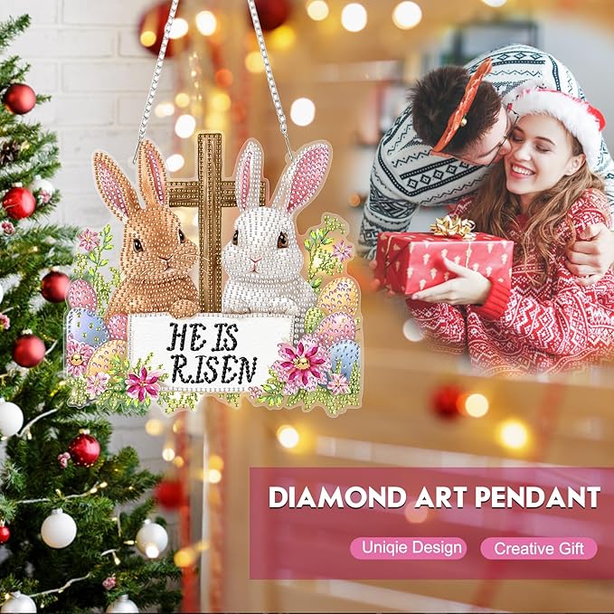 Happy Easter Bunny DIY Hanging Diamond Art Pendant Kit, Special Crystal Diamond Painting Ornament Kits for Adults Beginners, Double Sided Acrylic Board Gem Painting Box Kit, He Is Risen Funny Easter