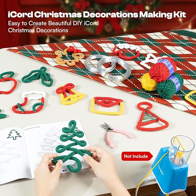 Caydo i Cord Christmas Decoration Making Kit with 24 Patterns, 7pcs Arcylic Yarns and 49ft Craft Wire Kits for Beginners, DIY Xmas iCord Handicraft Making Kit for iCord Knitting Machine(Not Included)