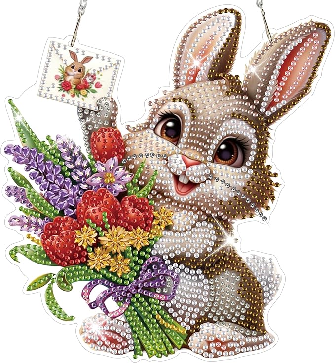 HEIBAGO Easter Bunny Diamond Art Hanging Kits for Adults, Diamond Art Suncatchers Rabbit, 5D Special Shape Diamond Painting Pendant, DIY Window Ornament Gifts for Home Garden Door Wall Decor 8.3x8.3In