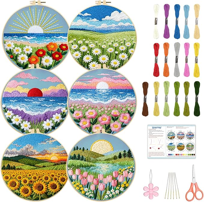 BEUNITONE Spring Landscape Embroidery Kit for Beginners, 6PC Needlepoint Kits with Hoops, Instructions, Threads, Needles, DIY Home Decor Craft for Adults, Creative Hand Embroidery Patterns for Gifts