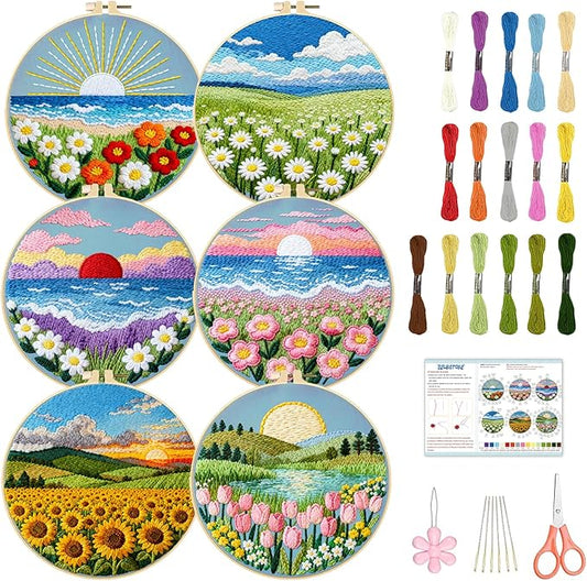 BEUNITONE Spring Landscape Embroidery Kit for Beginners, 6PC Needlepoint Kits with Hoops, Instructions, Threads, Needles, DIY Home Decor Craft for Adults, Creative Hand Embroidery Patterns for Gifts