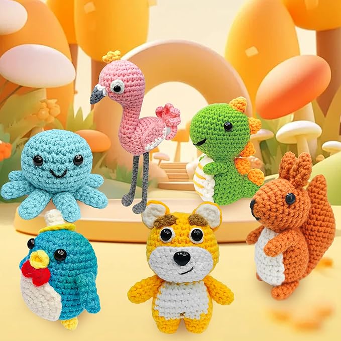 FHFTHYH 6Pcs Crochet Kit for Beginners, DIY Craft for Adults, Great Gift for Crochet Lovers, Crocheting Animal Kits with Step by Step Videos,Yarn,Crochet Hook,Birthday Holiday Gift
